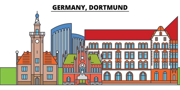 Dortmund, Almanya. Şehir manzarası, mimari, binalar, caddeler, siluet, manzara, panorama, yerler. Düzenlenebilir vuruş. Düz çizgi vektör çizim tasarım. İzole simgeler — Stok Vektör