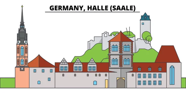 ドイツ、ハレ アン ダ ソール。街のスカイライン、アーキテクチャ、建物、通り、シルエット、風景、パノラマ、ランドマーク。編集可能なストローク。フラットなデザイン ラインのベクトル図の概念。分離アイコン — ストックベクタ
