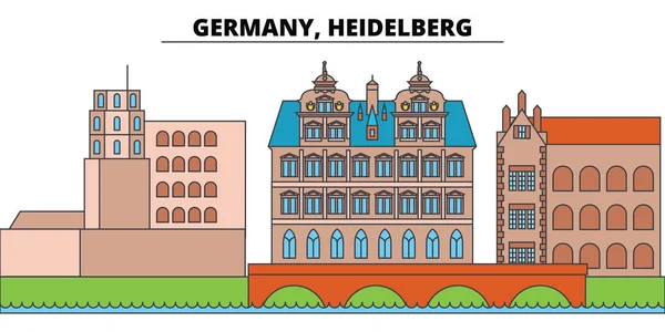 Heidelberg, Almanya. Şehir manzarası, mimari, binalar, caddeler, siluet, manzara, panorama, yerler. Düzenlenebilir vuruş. Düz çizgi vektör çizim tasarım. İzole simgeler