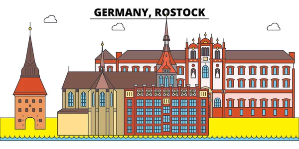 Alemania, Rostock. Ciudad horizonte, arquitectura, edificios, calles, silueta, paisaje, panorama, monumentos. Golpes editables. Diseño plano línea vector concepto de ilustración. Iconos aislados — Vector de stock