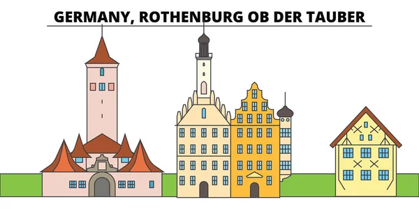 Duitsland, Rothenburg Ob Der Tauber. Skyline van de stad, architectuur, gebouwen, straten, silhouet, landschap, panorama, monumenten. Platte lijn vector illustratie ontwerpconcept. Geïsoleerde pictogrammen — Stockvector