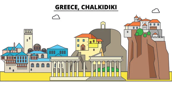 Greece, Chalkidiki. City skyline, architecture, buildings, streets, silhouette, landscape, panorama, landmarks. Editable strokes. Flat design line vector illustration concept. Isolated icons — Stock Vector
