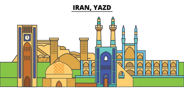 Iran, Yazd. Skyline de la ville, architecture, bâtiments, rues, silhouette, paysage, panorama, monuments. Coups modifiables. Conception plate ligne vectorielle illustration concept. Icônes isolées — Image vectorielle