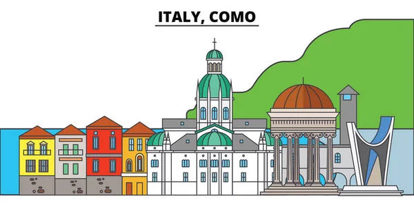 İtalya, Como. Şehir manzarası, mimari, binalar, caddeler, siluet, manzara, panorama, yerler. Düzenlenebilir vuruş. Düz çizgi vektör çizim tasarım. İzole simgeler — Stok Vektör