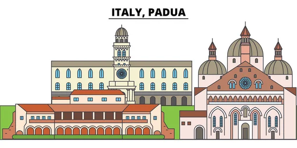 İtalya, Padua. Şehir manzarası, mimari, binalar, caddeler, siluet, manzara, panorama, yerler. Düzenlenebilir vuruş. Düz çizgi vektör çizim tasarım. İzole simgeler