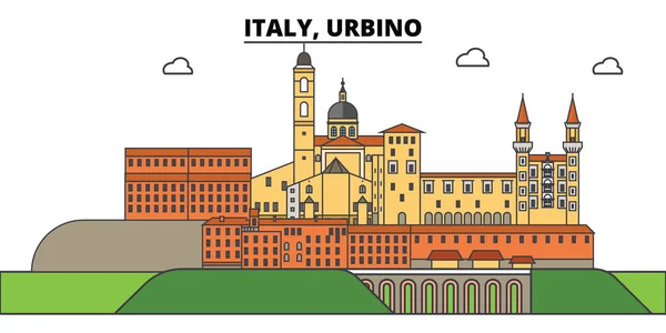 Italy, Urbino. City skyline, architecture, buildings, streets, silhouette, landscape, panorama, landmarks. Editable strokes. Flat design line vector illustration concept. Isolated icons — Stock Vector