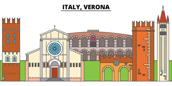 İtalya, Verona. Şehir manzarası, mimari, binalar, caddeler, siluet, manzara, panorama, yerler. Düzenlenebilir vuruş. Düz çizgi vektör çizim tasarım. İzole simgeler