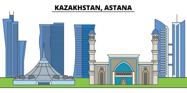 哈萨克斯坦, 阿斯塔纳。城市天际线, 建筑, 建筑物, 街道, 剪影, 景观, 全景, 地标。可编辑笔画。平面设计线矢量图解概念。孤立图标 — 图库矢量图片