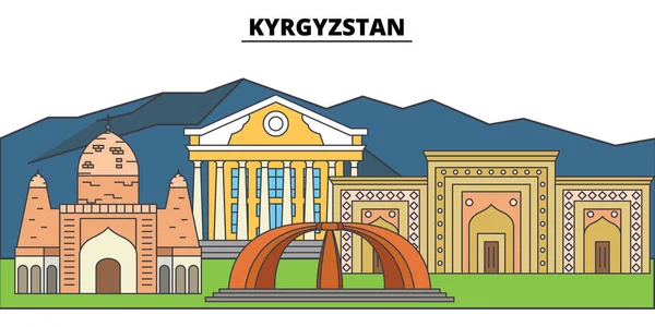 Kirgizstan. Langit kota, arsitektur, bangunan, jalan, siluet, lanskap, panorama, landmark. Stroke diedit. Konsep gambar vektor garis desain datar. Ikon terisolasi - Stok Vektor