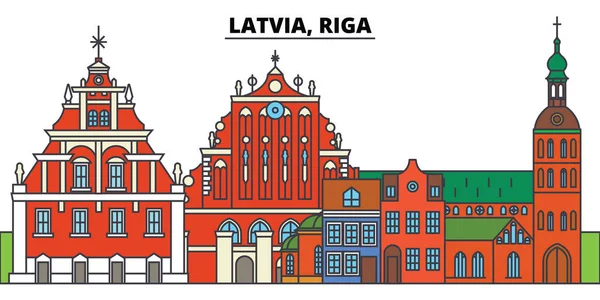 Letonya, Riga. Şehir manzarası, mimari, binalar, caddeler, siluet, manzara, panorama, yerler. Düzenlenebilir vuruş. Düz çizgi vektör çizim tasarım. İzole simgeler