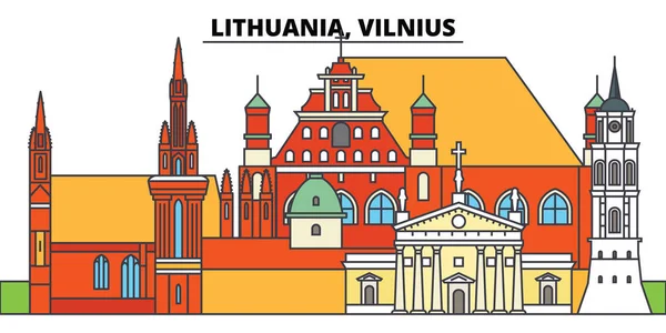 Lituanie, Vilnius. Skyline de la ville, architecture, bâtiments, rues, silhouette, paysage, panorama, monuments. Coups modifiables. Conception plate ligne vectorielle illustration concept. Icônes isolées — Image vectorielle