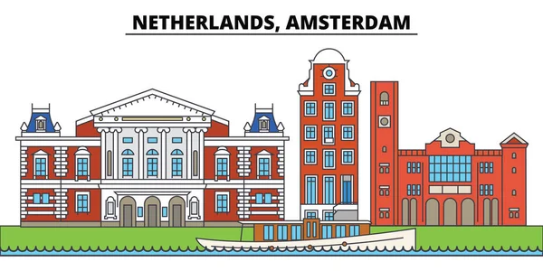 オランダ、アムステルダム。街のスカイライン、アーキテクチャ、建物、通り、シルエット、風景、パノラマ、ランドマーク。編集可能なストローク。フラットなデザイン ラインのベクトル図の概念。分離アイコン — ストックベクタ
