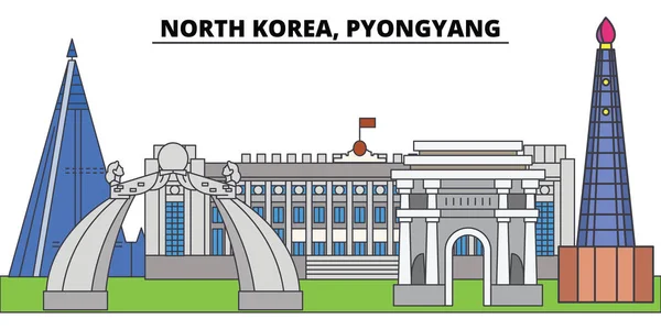 Kuzey Kore, Pyongyang. Şehir manzarası, mimari, binalar, caddeler, siluet, manzara, panorama, yerler. Düzenlenebilir vuruş. Düz çizgi vektör çizim tasarım. İzole simgeler — Stok Vektör