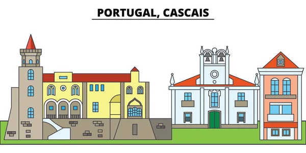 포르투갈, 카스카이스입니다. 도시 스카이 라인, 건축, 건물, 거리, 실루엣, 풍경, 파노라마, 랜드마크. 편집 가능한 스트로크입니다. 평면 디자인 라인 벡터 일러스트 레이 션 개념입니다. 격리 된 아이콘 — 스톡 벡터