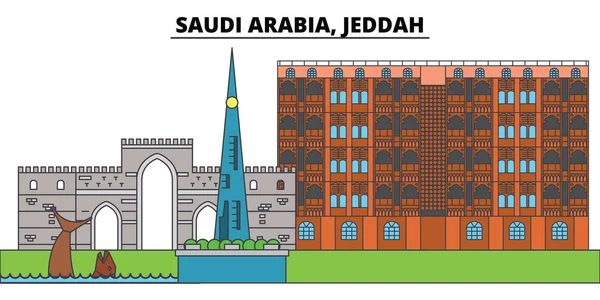 Arabie Saoudite, Jeddah. Skyline de la ville, architecture, bâtiments, rues, silhouette, paysage, panorama, monuments. Coups modifiables. Conception plate ligne vectorielle illustration concept. Icônes isolées — Image vectorielle