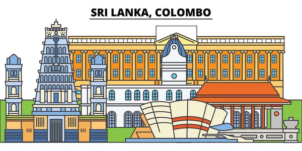 Sri Lanka, Colombo. Skyline van de stad, architectuur, gebouwen, straten, silhouet, landschap, panorama, monumenten. Bewerkbare lijnen. Platte lijn vector illustratie ontwerpconcept. Geïsoleerde pictogrammen — Stockvector