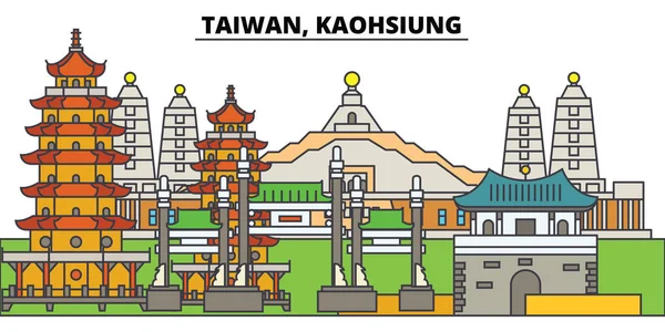 Tayvan, Kaohsiung. Şehir manzarası, mimari, binalar, caddeler, siluet, manzara, panorama, yerler. Düzenlenebilir vuruş. Düz çizgi vektör çizim tasarım. İzole simgeler