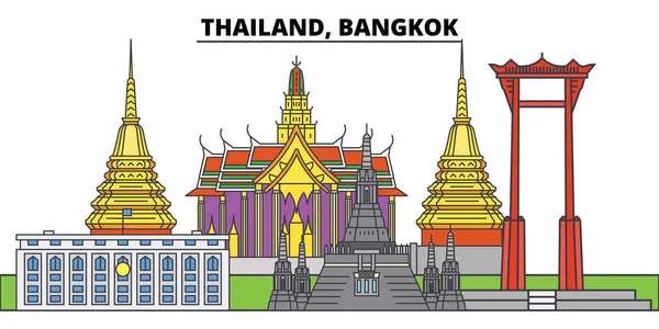 Thaïlande, Bangkok. Skyline de la ville, architecture, bâtiments, rues, silhouette, paysage, panorama, monuments. Coups modifiables. Conception plate ligne vectorielle illustration concept. Icônes isolées — Image vectorielle