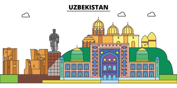 Uzbekistán. Ciudad horizonte, arquitectura, edificios, calles, silueta, paisaje, panorama, monumentos. Golpes editables. Diseño plano línea vector concepto de ilustración. Iconos aislados — Archivo Imágenes Vectoriales