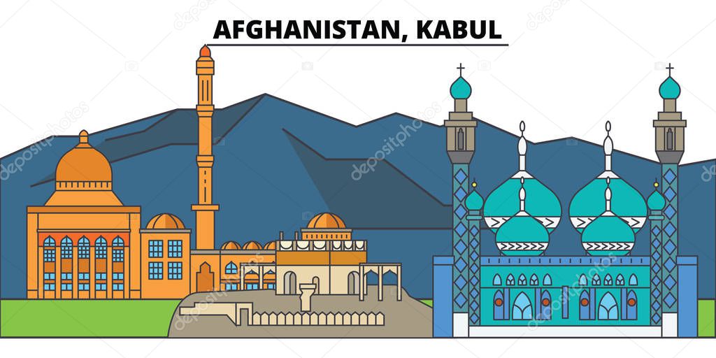 Afghanistan, Kabul. City skyline, architecture, buildings, streets, silhouette, landscape, panorama, landmarks, icons. Editable strokes. Flat design line vector illustration concept