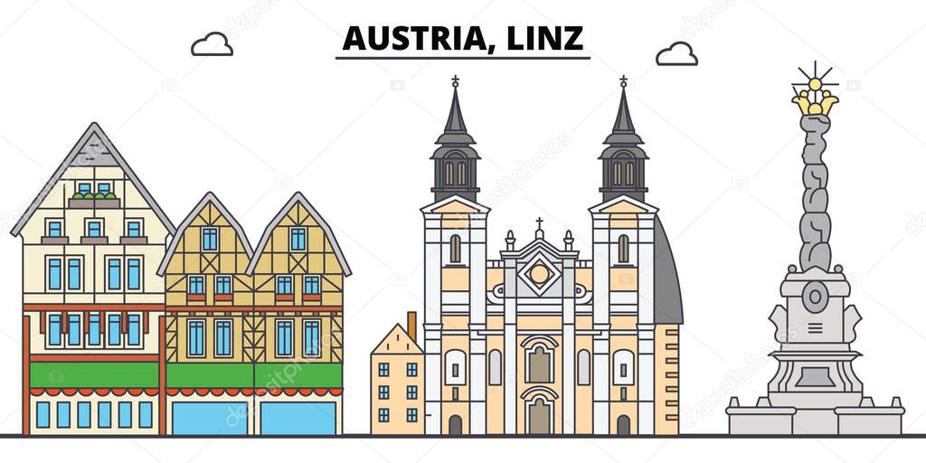 Austria, Linz. City skyline, architecture, buildings, streets, silhouette, landscape, panorama, landmarks. Editable strokes. Flat design line vector illustration concept. Isolated icons