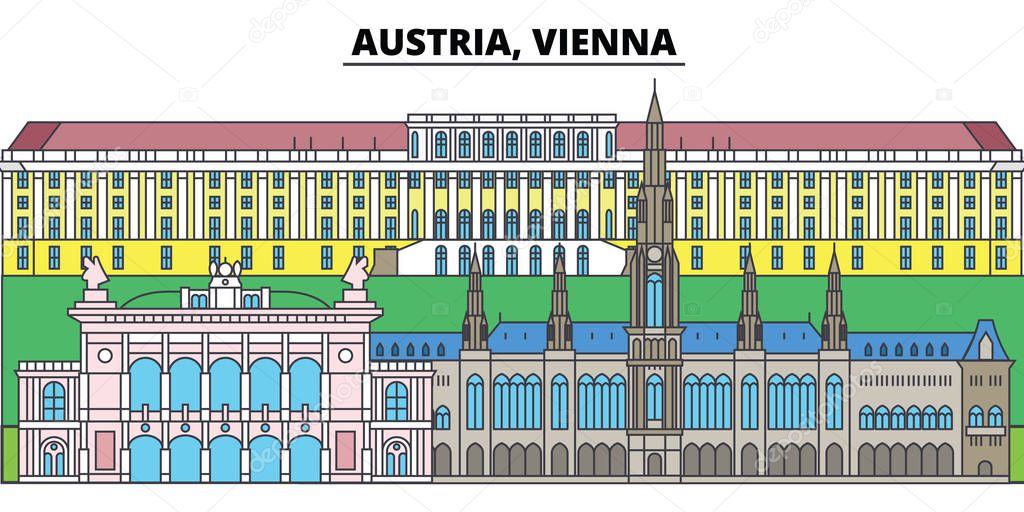 Austria, Vienna. City skyline, architecture, buildings, streets, silhouette, landscape, panorama, landmarks. Editable strokes. Flat design line vector illustration concept. Isolated icons