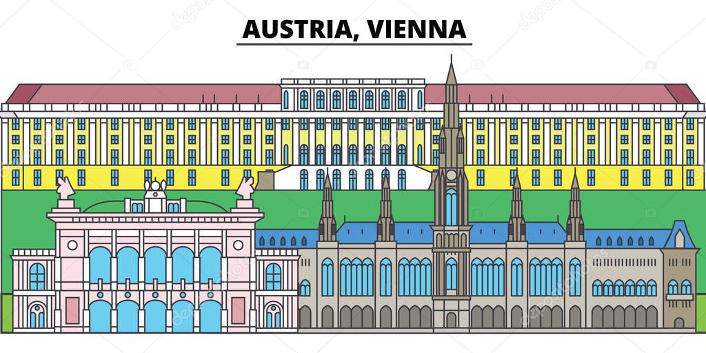 Austria, Vienna. City skyline, architecture, buildings, streets, silhouette, landscape, panorama, landmarks, icons. Editable strokes. Flat design line vector illustration concept