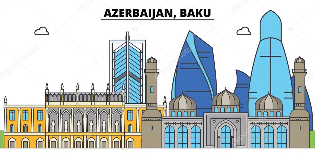 Azerbaijan, Baku. City skyline, architecture, buildings, streets, silhouette, landscape, panorama, landmarks. Editable strokes. Flat design line vector illustration concept. Isolated icons