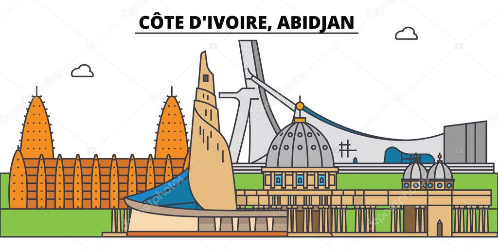 Cote D ivoire, Abidjan. City skyline, architecture, buildings, streets, silhouette, landscape, panorama, landmarks. Editable strokes. Flat design line vector illustration concept. Isolated icons