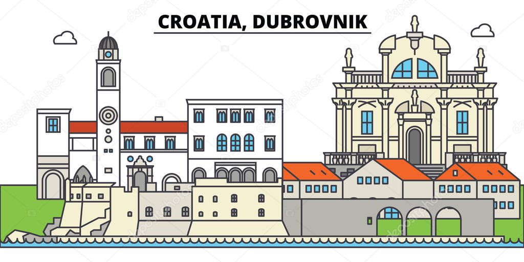 Croatia, Dubrovnik. City skyline, architecture, buildings, streets, silhouette, landscape, panorama, landmarks, icons. Editable strokes. Flat design line vector illustration concept