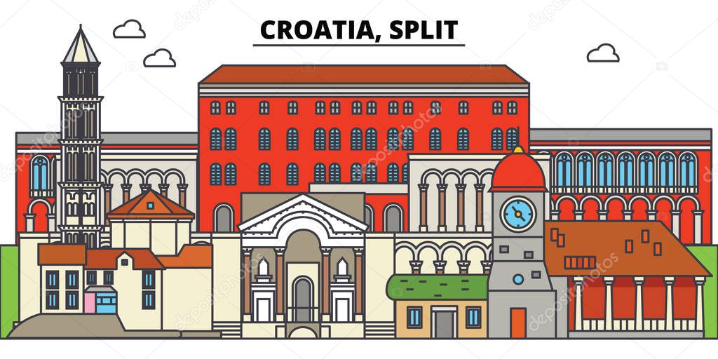 Croatia, Split. City skyline, architecture, buildings, streets, silhouette, landscape, panorama, landmarks. Editable strokes. Flat design line vector illustration concept. Isolated icons