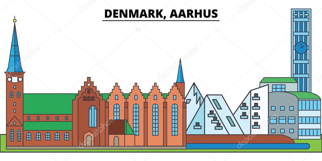 Denmark, Aarhus. City skyline, architecture, buildings, streets, silhouette, landscape, panorama, landmarks, icons. Editable strokes. Flat design line vector illustration concept