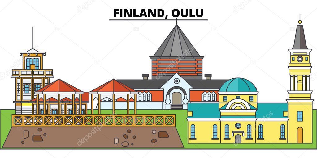 Finland, Oulu. City skyline, architecture, buildings, streets, silhouette, landscape, panorama, landmarks. Editable strokes. Flat design line vector illustration concept. Isolated icons