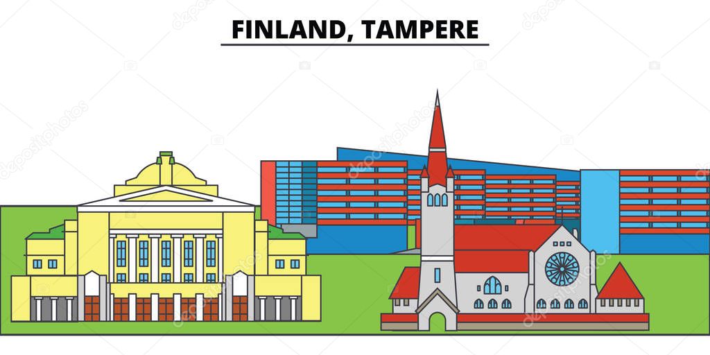 Finland, Tampere. City skyline, architecture, buildings, streets, silhouette, landscape, panorama, landmarks, icons. Editable strokes. Flat design line vector illustration concept