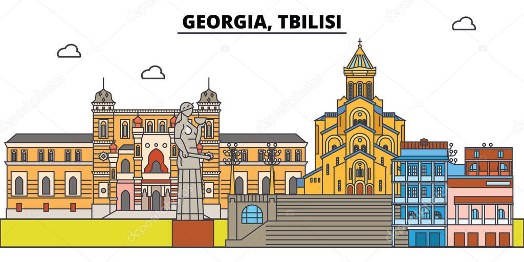 Georgia, Tbilisi. City skyline, architecture, buildings, streets, silhouette, landscape, panorama, landmarks. Editable strokes. Flat design line vector illustration concept. Isolated icons