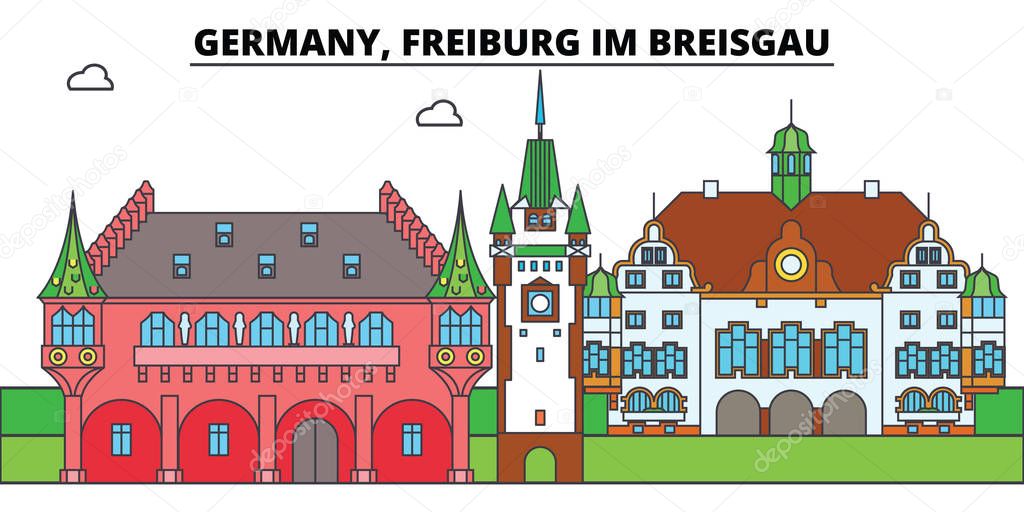 Germany, Freiburg Im Breisgau. City skyline, architecture, buildings, streets, silhouette, landscape, panorama, landmarks. Flat design line vector illustration concept. Isolated icons