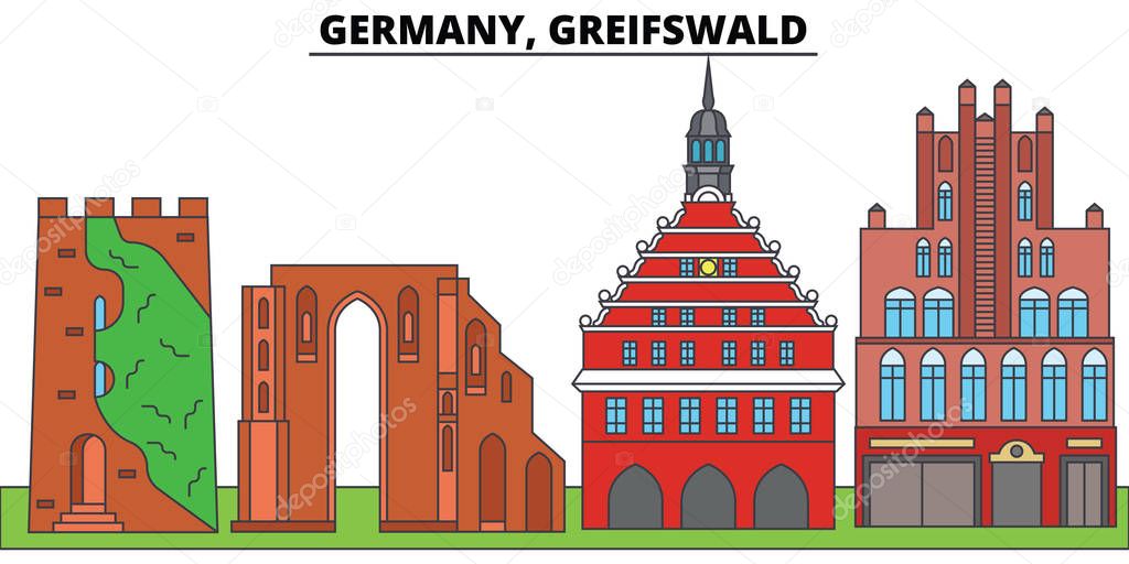 Germany, Greifswald. City skyline, architecture, buildings, streets, silhouette, landscape, panorama, landmarks. Editable strokes. Flat design line vector illustration concept. Isolated icons