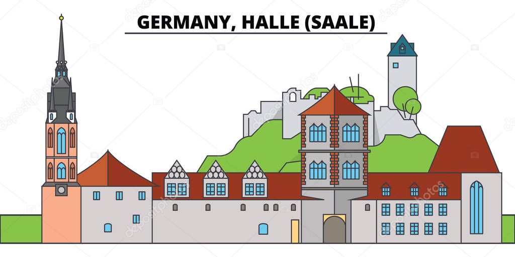 Germany, Halle, Saale. City skyline, architecture, buildings, streets, silhouette, landscape, panorama, landmarks, icons. Editable strokes. Flat design line vector illustration concept