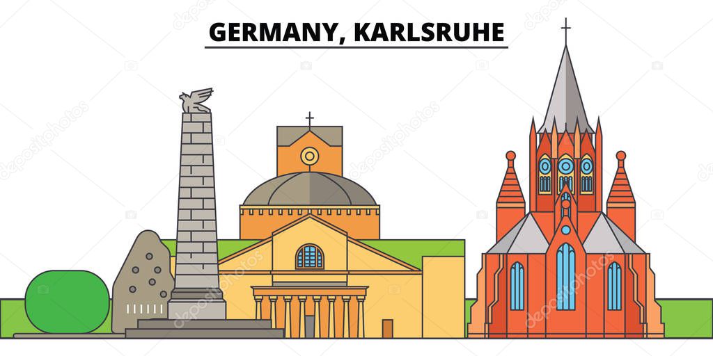 Germany, Karlsruhe. City skyline, architecture, buildings, streets, silhouette, landscape, panorama, landmarks, icons. Editable strokes. Flat design line vector illustration concept