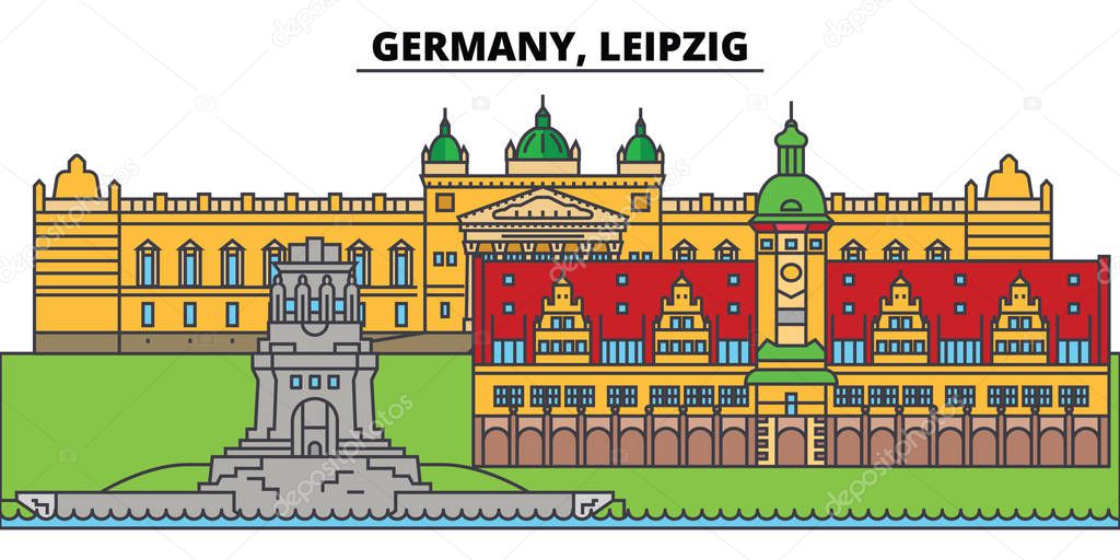 Germany, Leipzig. City skyline, architecture, buildings, streets, silhouette, landscape, panorama, landmarks. Editable strokes. Flat design line vector illustration concept. Isolated icons