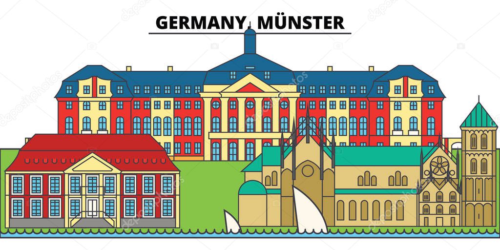 Germany, Munster. City skyline, architecture, buildings, streets, silhouette, landscape, panorama, landmarks. Editable strokes. Flat design line vector illustration concept. Isolated icons