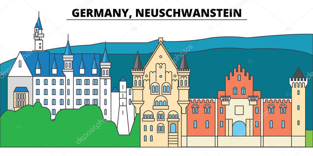 Germany, Neuschwanstein. City skyline, architecture, buildings, streets, silhouette, landscape, panorama, landmarks. Editable strokes. Flat design line vector illustration concept. Isolated icons