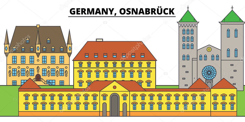 Germany, Osnabruck. City skyline, architecture, buildings, streets, silhouette, landscape, panorama, landmarks. Editable strokes. Flat design line vector illustration concept. Isolated icons