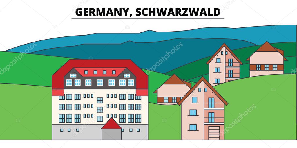 Germany, Schwarzwald. City skyline, architecture, buildings, streets, silhouette, landscape, panorama, landmarks, icons. Editable strokes. Flat design line vector illustration concept