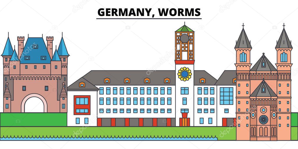 Germany, Worms. City skyline, architecture, buildings, streets, silhouette, landscape, panorama, landmarks, icons. Editable strokes. Flat design line vector illustration concept
