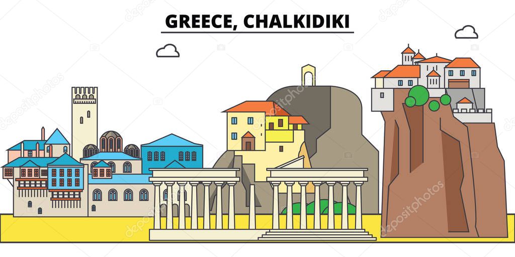 Greece, Chalkidiki. City skyline, architecture, buildings, streets, silhouette, landscape, panorama, landmarks, icons. Editable strokes. Flat design line vector illustration concept