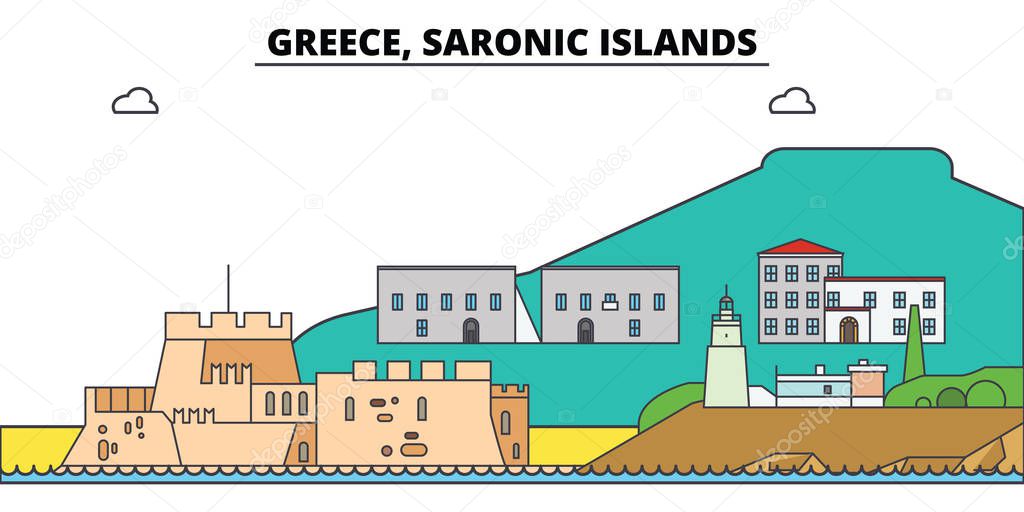 Greece, Saronic Islands. City skyline, architecture, buildings, streets, silhouette, landscape, panorama, landmarks. Editable strokes. Flat design line vector illustration concept. Isolated icons