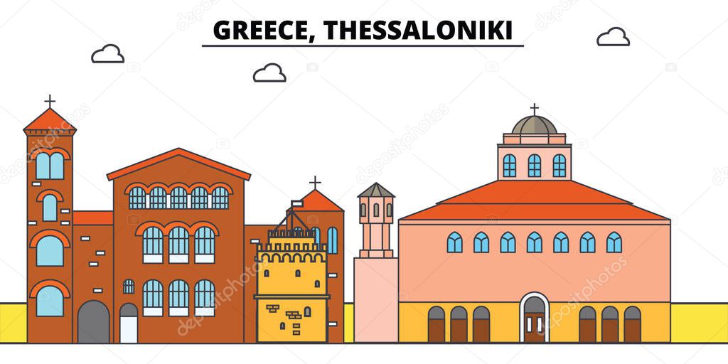 Greece, Thessaloniki. City skyline, architecture, buildings, streets, silhouette, landscape, panorama, landmarks. Editable strokes. Flat design line vector illustration concept. Isolated icons