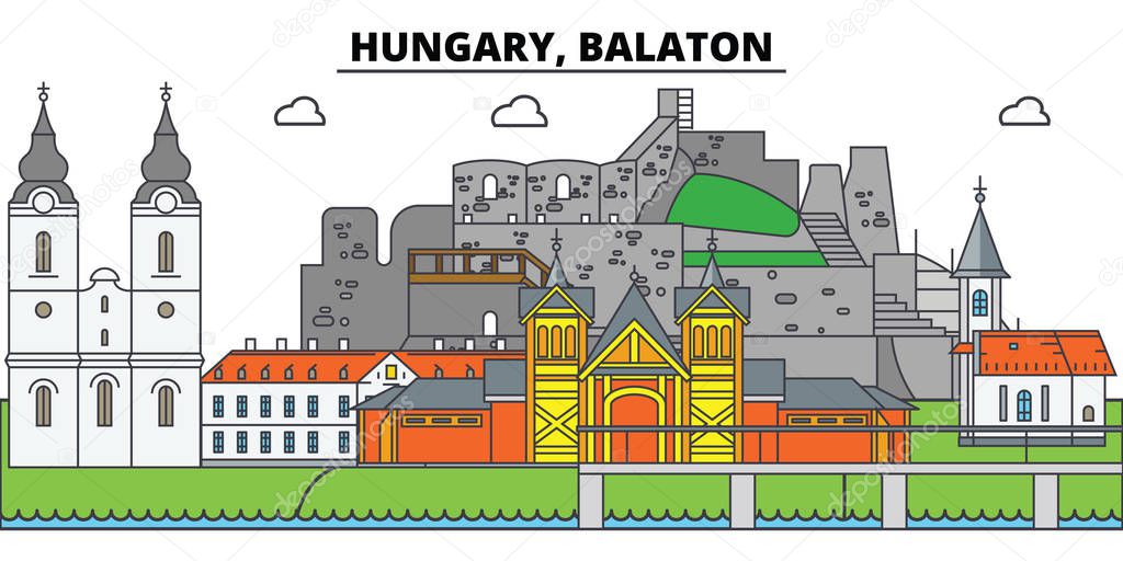 Hungary, Balaton. City skyline, architecture, buildings, streets, silhouette, landscape, panorama, landmarks. Editable strokes. Flat design line vector illustration concept. Isolated icons