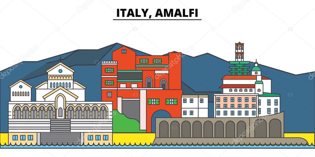 Italy, Amalfi. City skyline, architecture, buildings, streets, silhouette, landscape, panorama, landmarks, icons. Editable strokes. Flat design line vector illustration concept